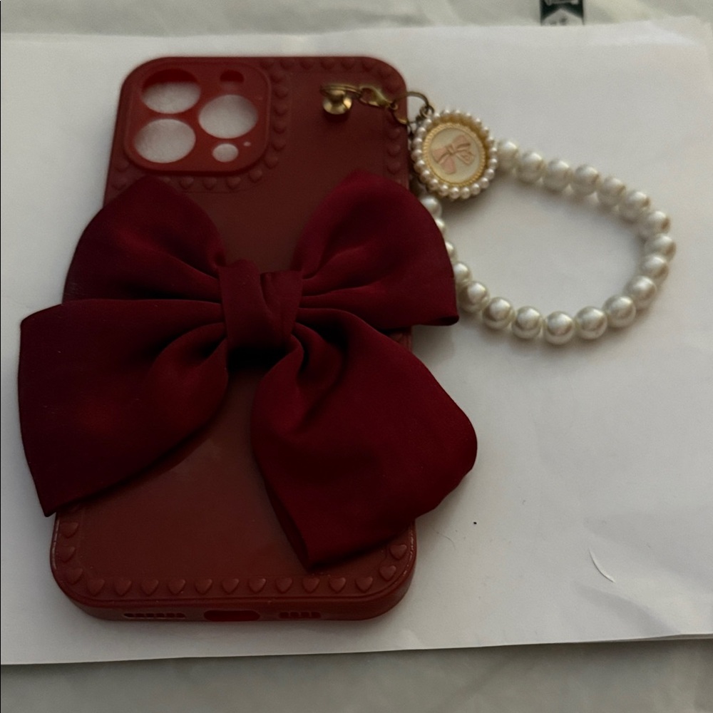 Elegant Red Bow Phone Case with Pearl Charm